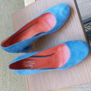 Santoni Rose Collection Blue Suede Block Heels Size 36.5
